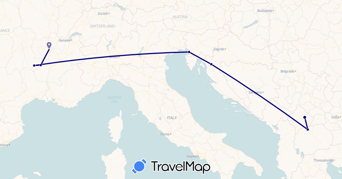 TravelMap itinerary: driving in France, Croatia, Italy, Macedonia (Europe)